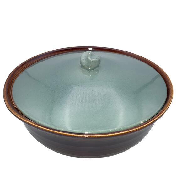 Vintage 1940s Red Wing Pottery OOMPH 10" Green/Brown Round Lidded Dish - Picture 3 of 10